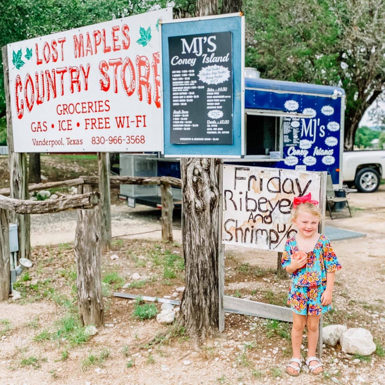 Lost Maples Country Store near Utopia, Texas, with groceries, gas, and the MJ's Coney Island food truck